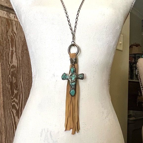 NEW Jamie Dietrich Silver Turquoise Cross Tan Tassel Stainless Steel Necklace - Picture 4 of 14